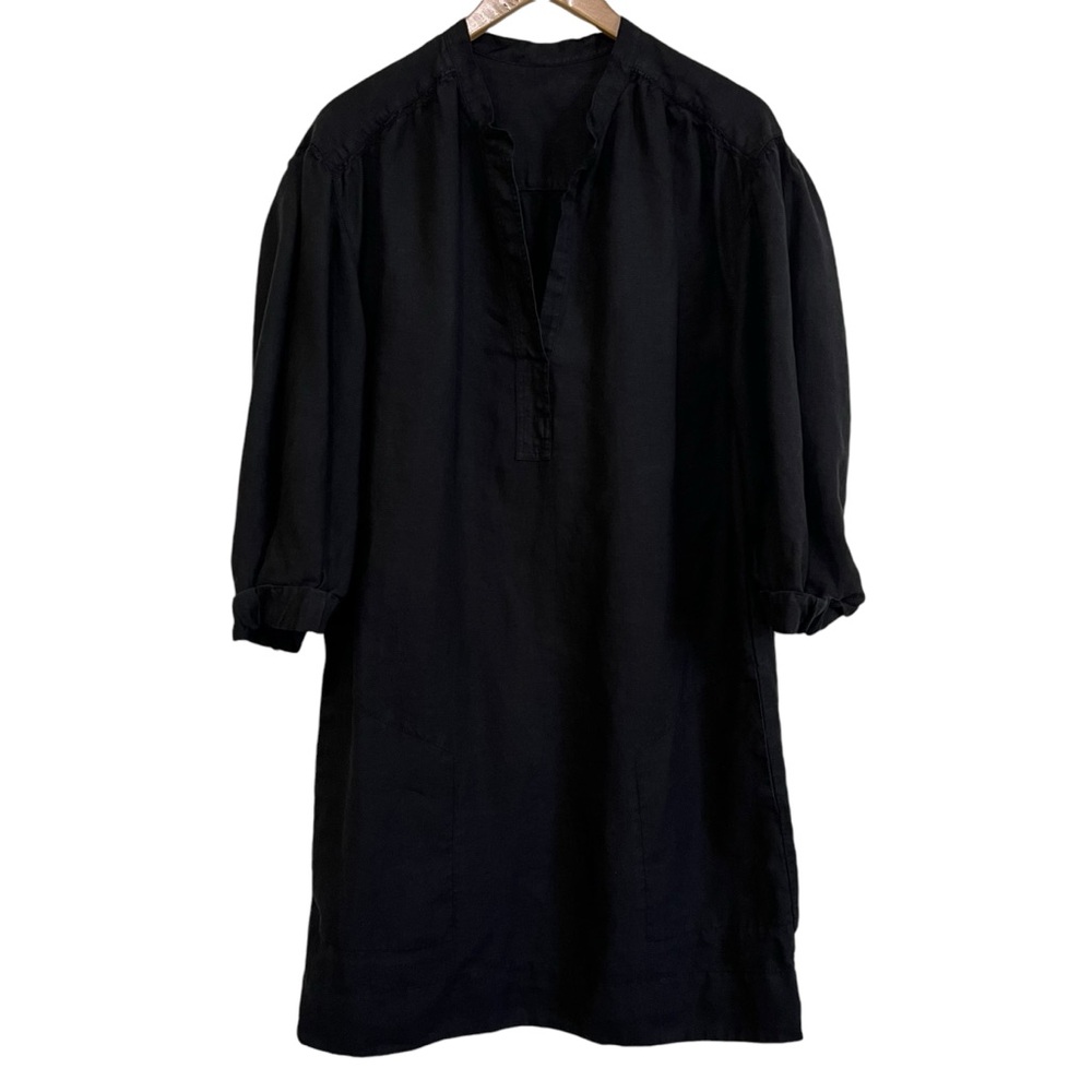 Vince 100% Linen V-Neck Shift Dress 3/4 Sleeve Black Large